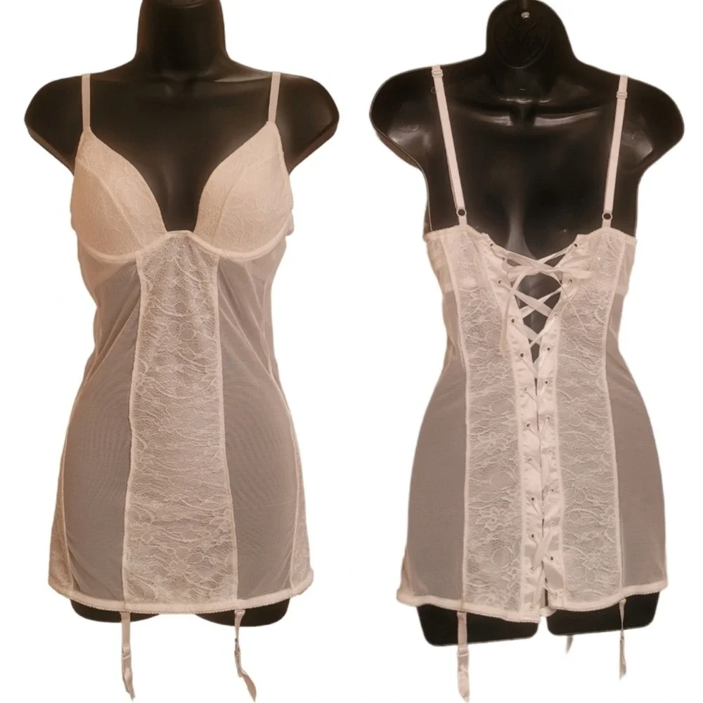 Vintage Cream Lace Mesh Corset Back Chemise Garter Slip Underwire Lingerie‎ - Picture 2 of 7